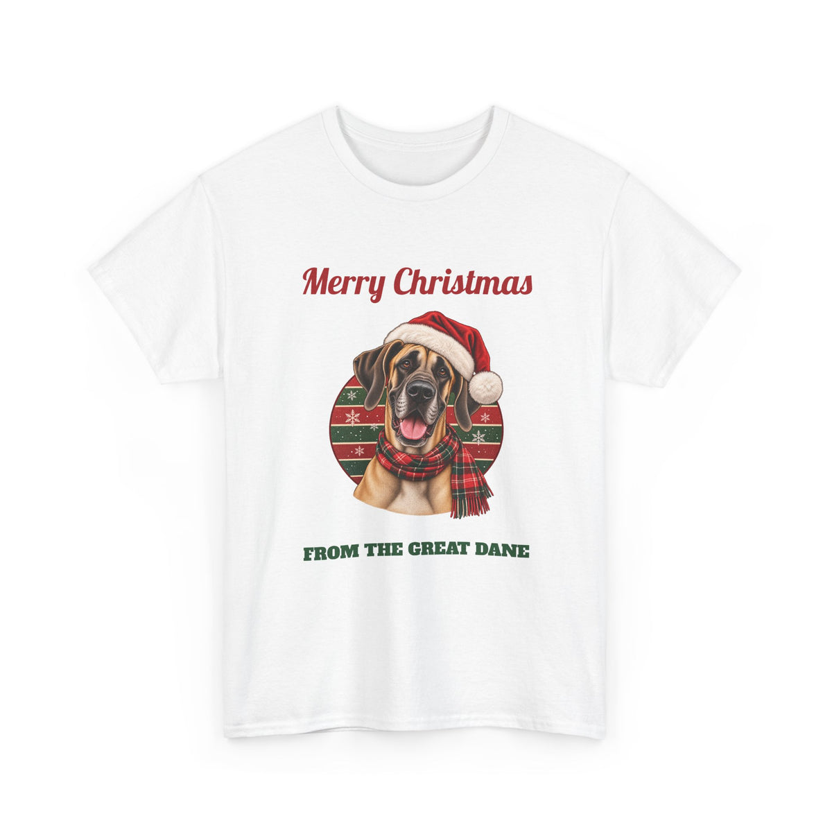 White Merry Christmas From The Great Dane t-shirt with a fawn Great Dane in a Santa hat, front view