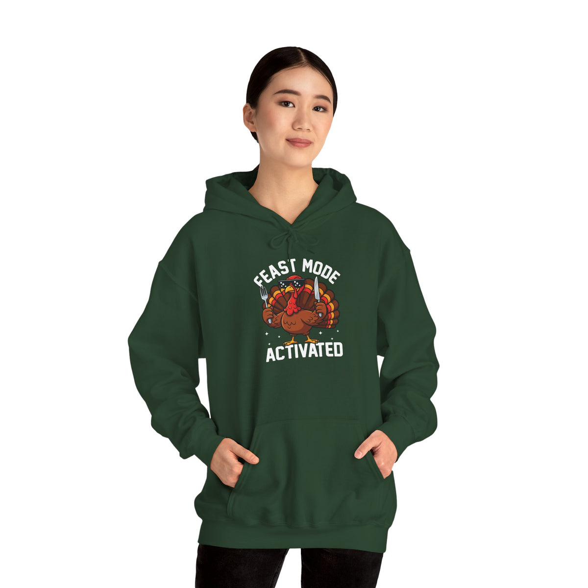 Model wearing the forest green Feast Mode Activated Hoodie