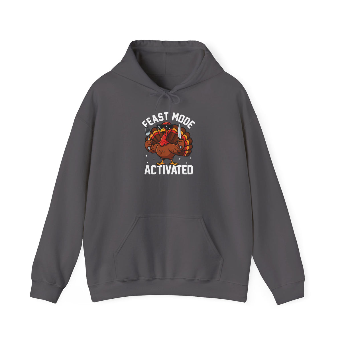 Charcoal Feast Mode Activated hoodie with a hungry cartoon turkey holding a fork and knife, front view