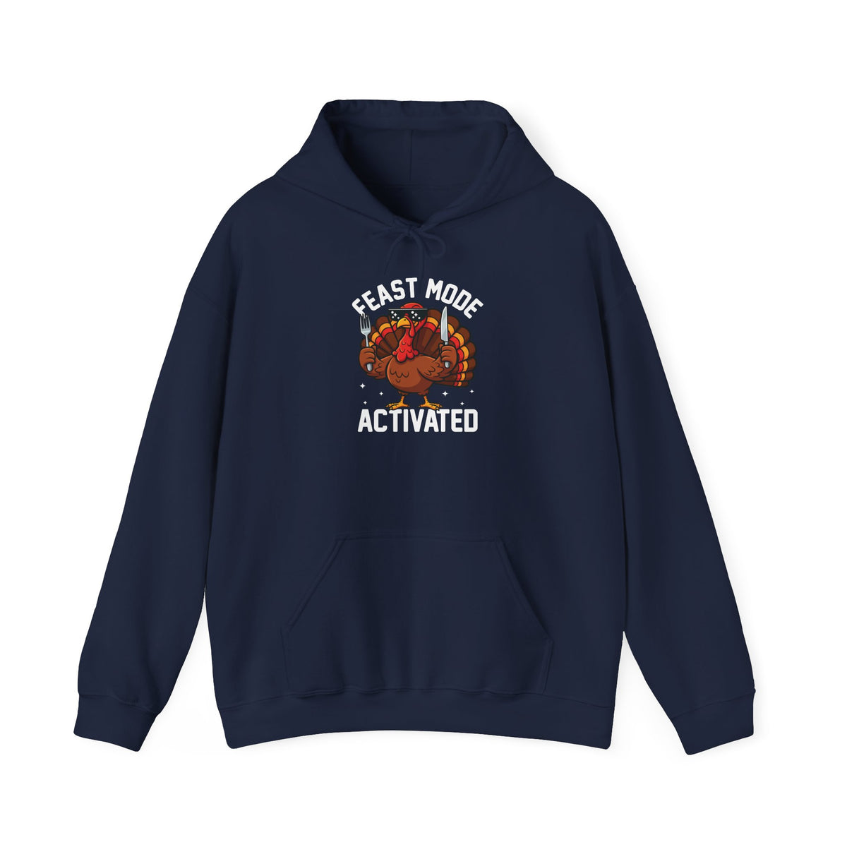 Navy Feast Mode Activated hoodie with a hungry cartoon turkey holding a fork and knife, front view