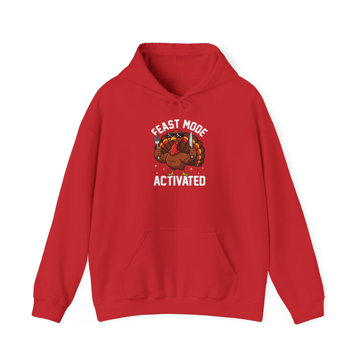 Red Feast Mode Activated hoodie with a hungry cartoon turkey holding a fork and knife, front view