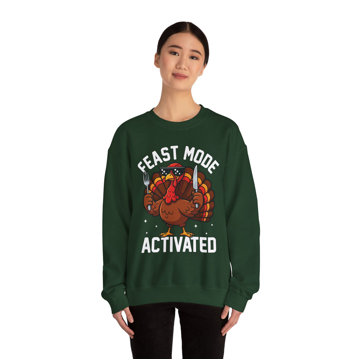 Model wearing the forest green Feast Mode Activated Sweatshirt