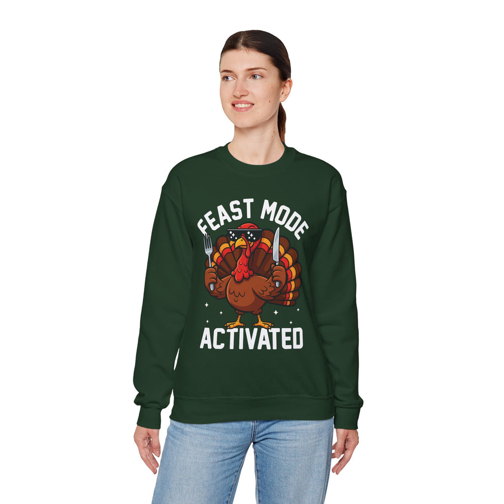 Model wearing the forest green Feast Mode Activated Sweatshirt
