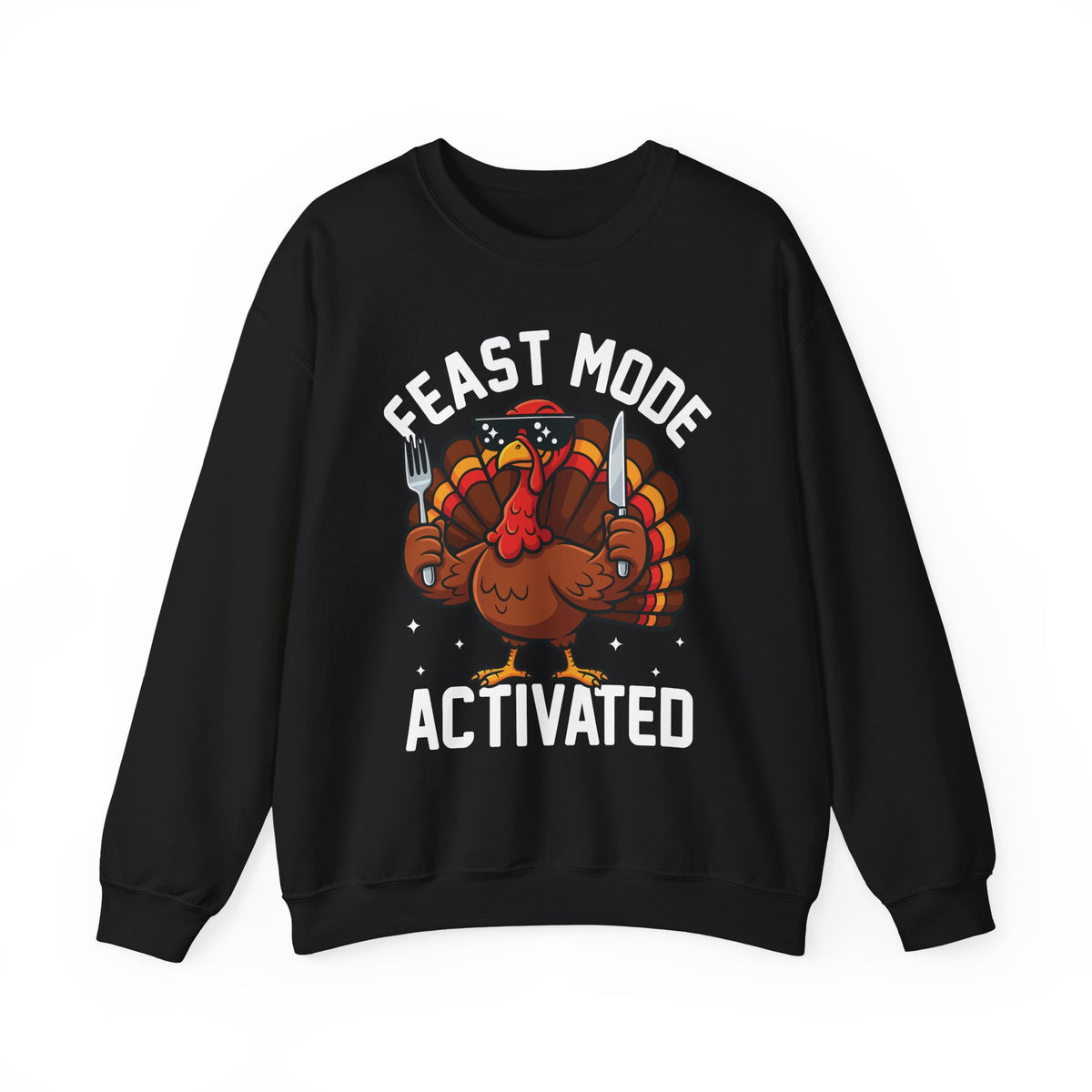 Black Feast Mode Activated sweatshirt with a hungry cartoon turkey holding a fork and knife, front view