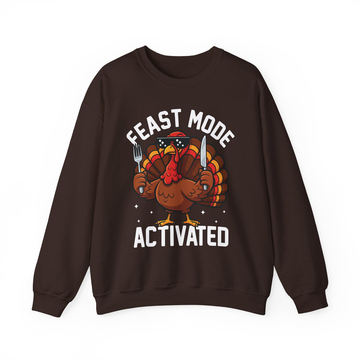 Dark Chocolate Feast Mode Activated sweatshirt with a hungry cartoon turkey holding a fork and knife, front view