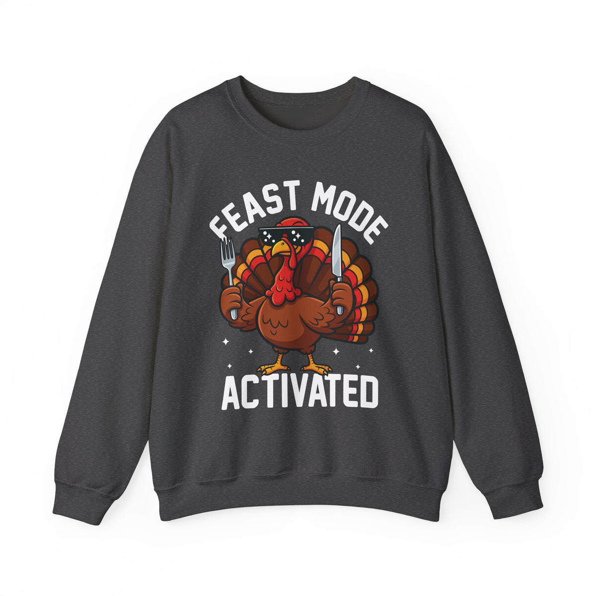 Dark Heather Feast Mode Activated sweatshirt with a hungry cartoon turkey holding a fork and knife, front view