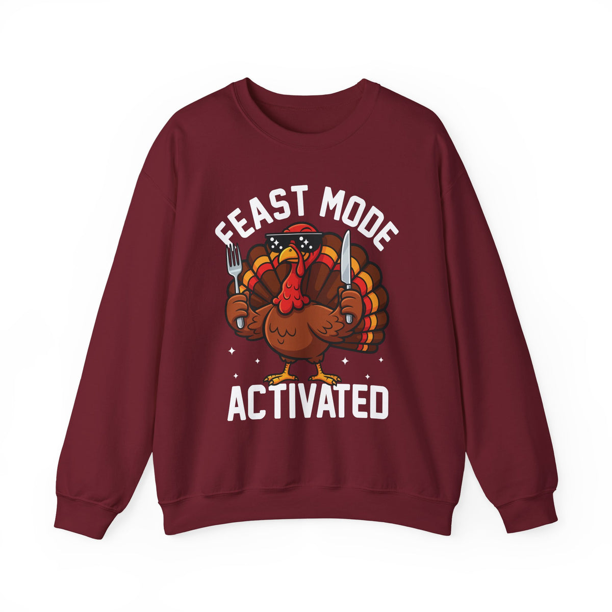 Garnet Feast Mode Activated sweatshirt with a hungry cartoon turkey holding a fork and knife, front view