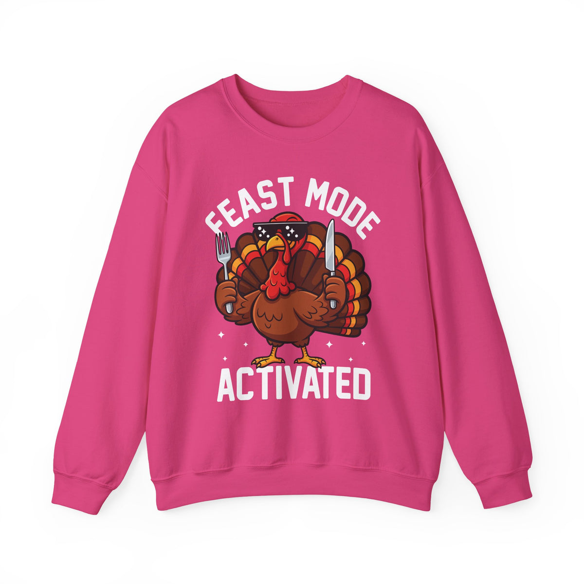 Heliconia Feast Mode Activated sweatshirt with a hungry cartoon turkey holding a fork and knife, front view