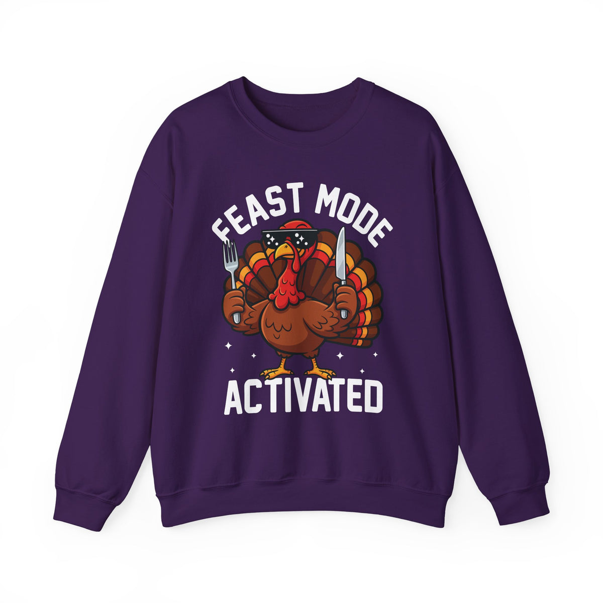 Purple Feast Mode Activated sweatshirt with a hungry cartoon turkey holding a fork and knife, front view