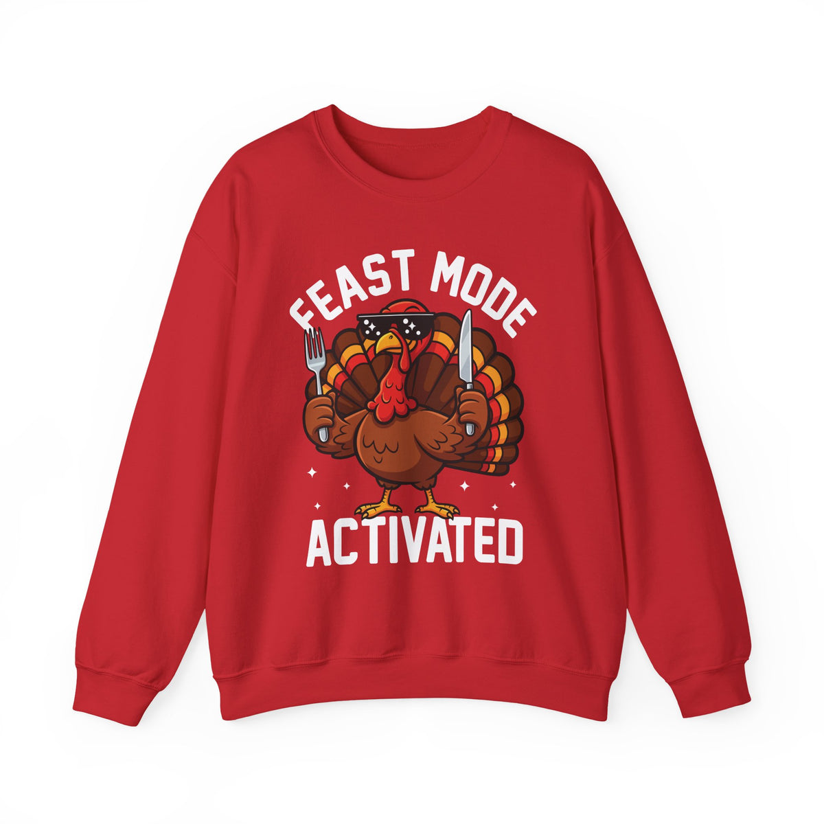 Red Feast Mode Activated sweatshirt with a hungry cartoon turkey holding a fork and knife, front view