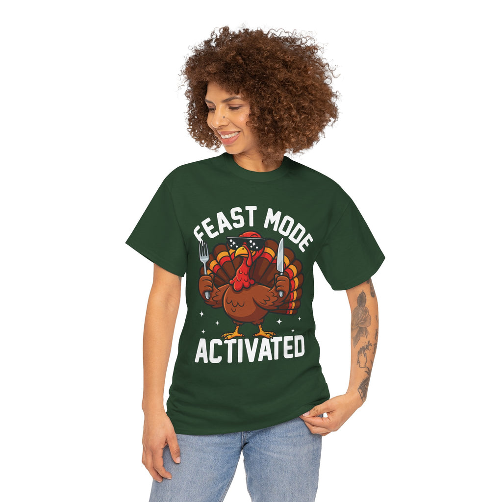 Model wearing the forest green Feast Mode Activated T-Shirt