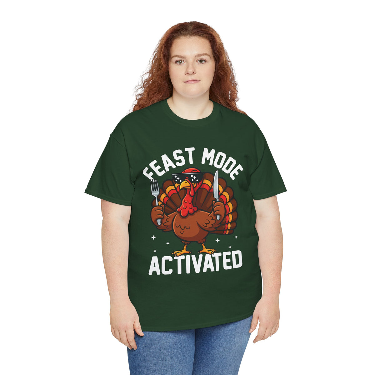 Model wearing the forest green Feast Mode Activated T-Shirt