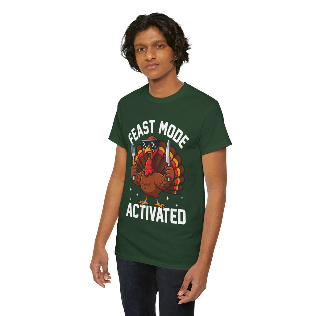 Model wearing the forest green Feast Mode Activated T-Shirt