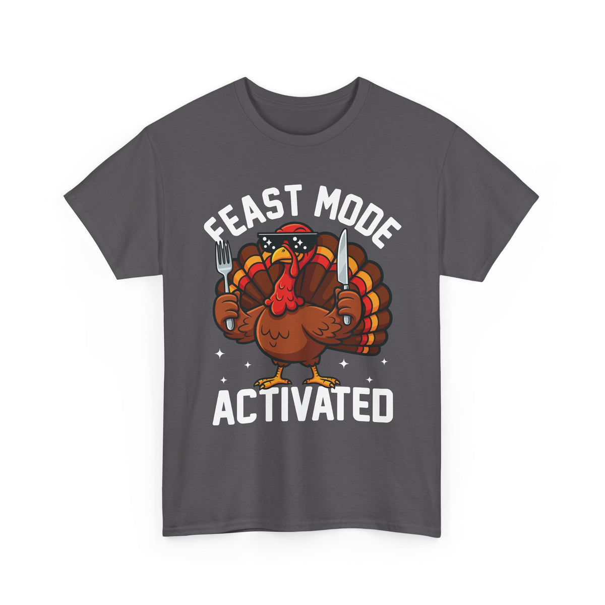 Charcoal Feast Mode Activated t-shirt with a hungry cartoon turkey holding a fork and knife, front view