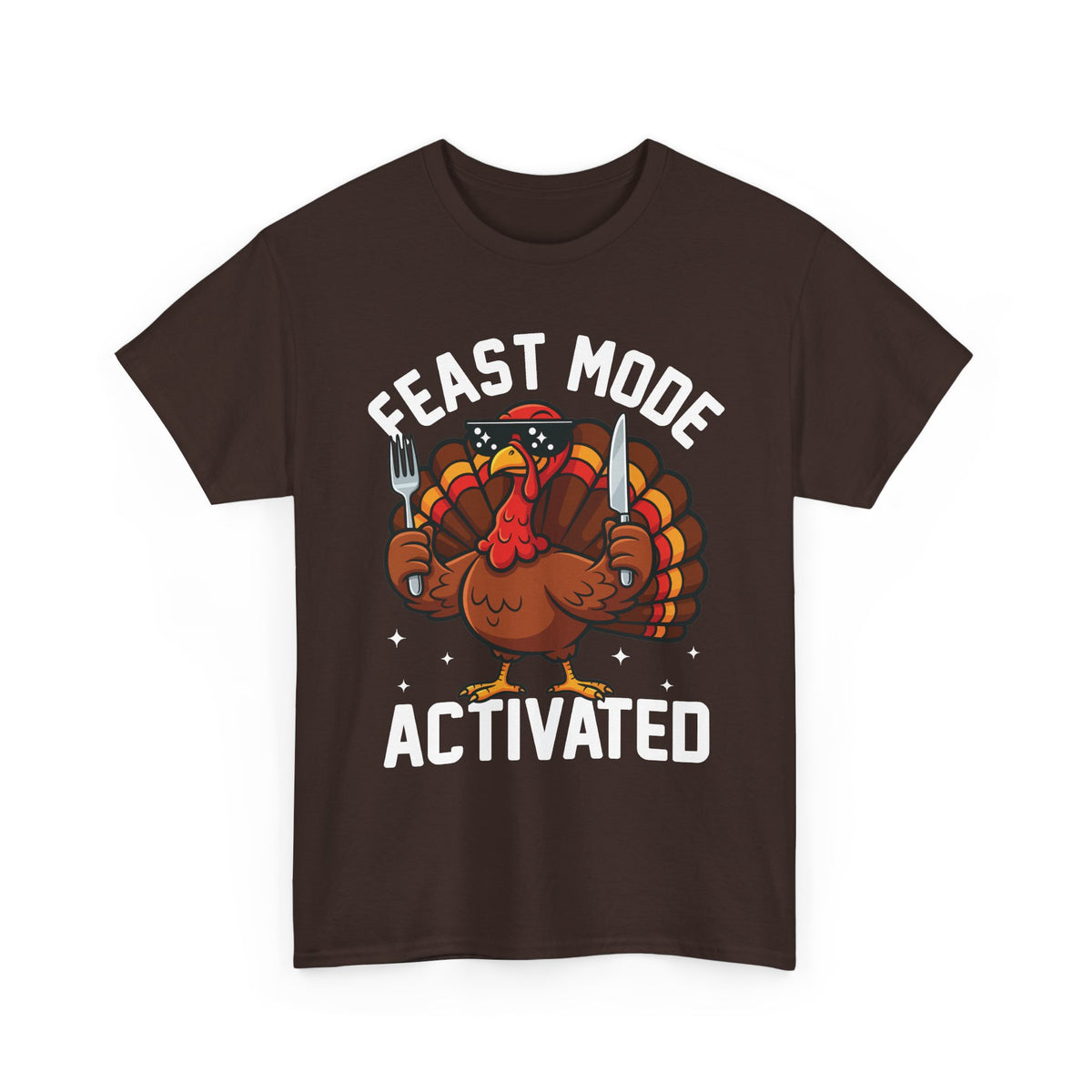 Dark Chocolate Feast Mode Activated t-shirt with a hungry cartoon turkey holding a fork and knife, front view