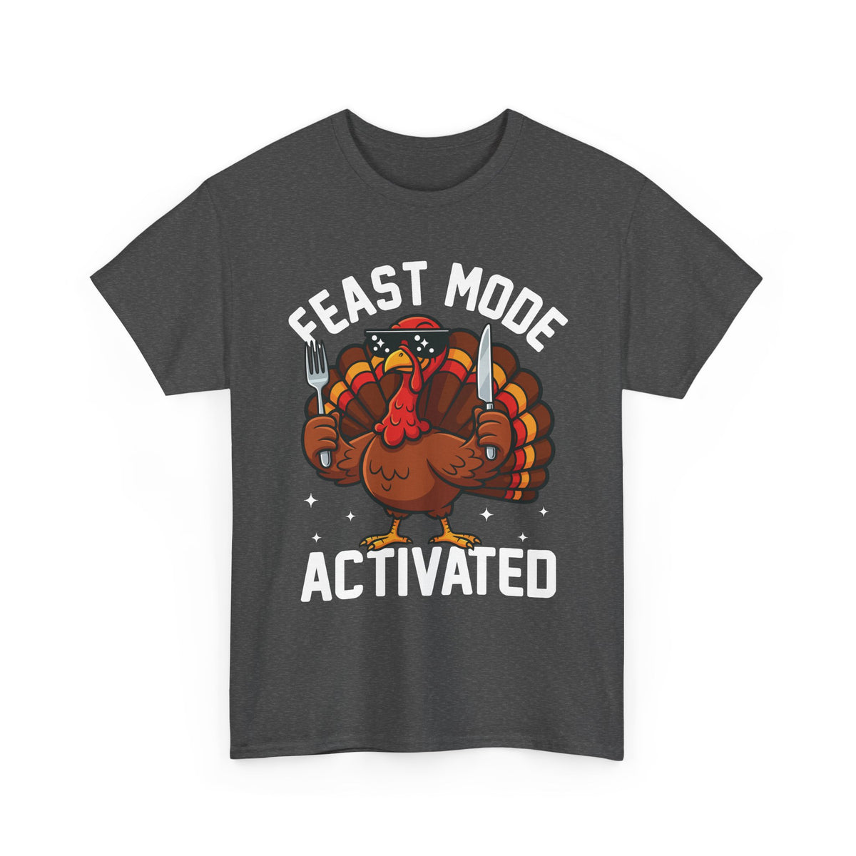 Dark Heather Feast Mode Activated t-shirt with a hungry cartoon turkey holding a fork and knife, front view