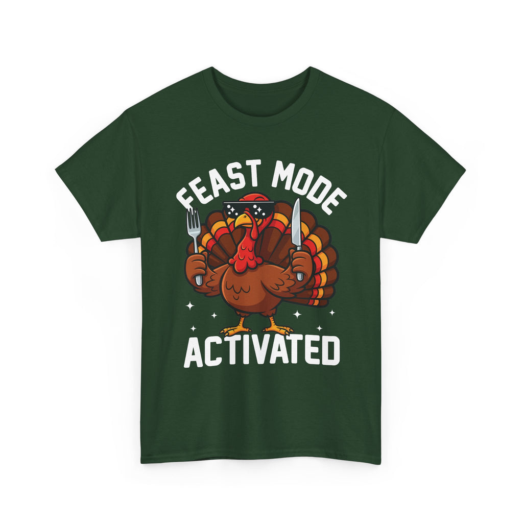 Forest Green Feast Mode Activated t-shirt with a hungry cartoon turkey holding a fork and knife, front view