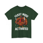 Forest Green Feast Mode Activated t-shirt with a hungry cartoon turkey holding a fork and knife, front view