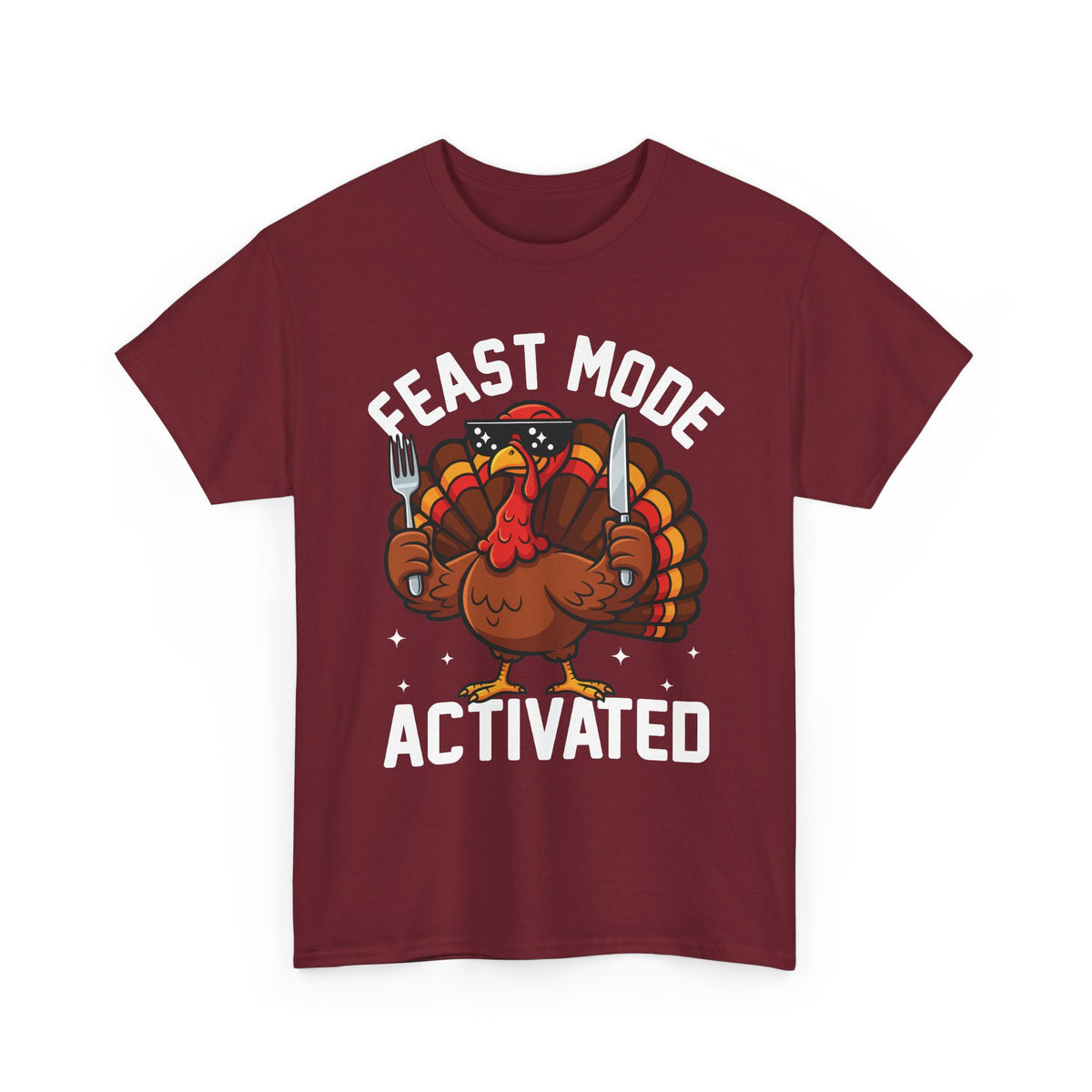 Garnet Feast Mode Activated t-shirt with a hungry cartoon turkey holding a fork and knife, front view