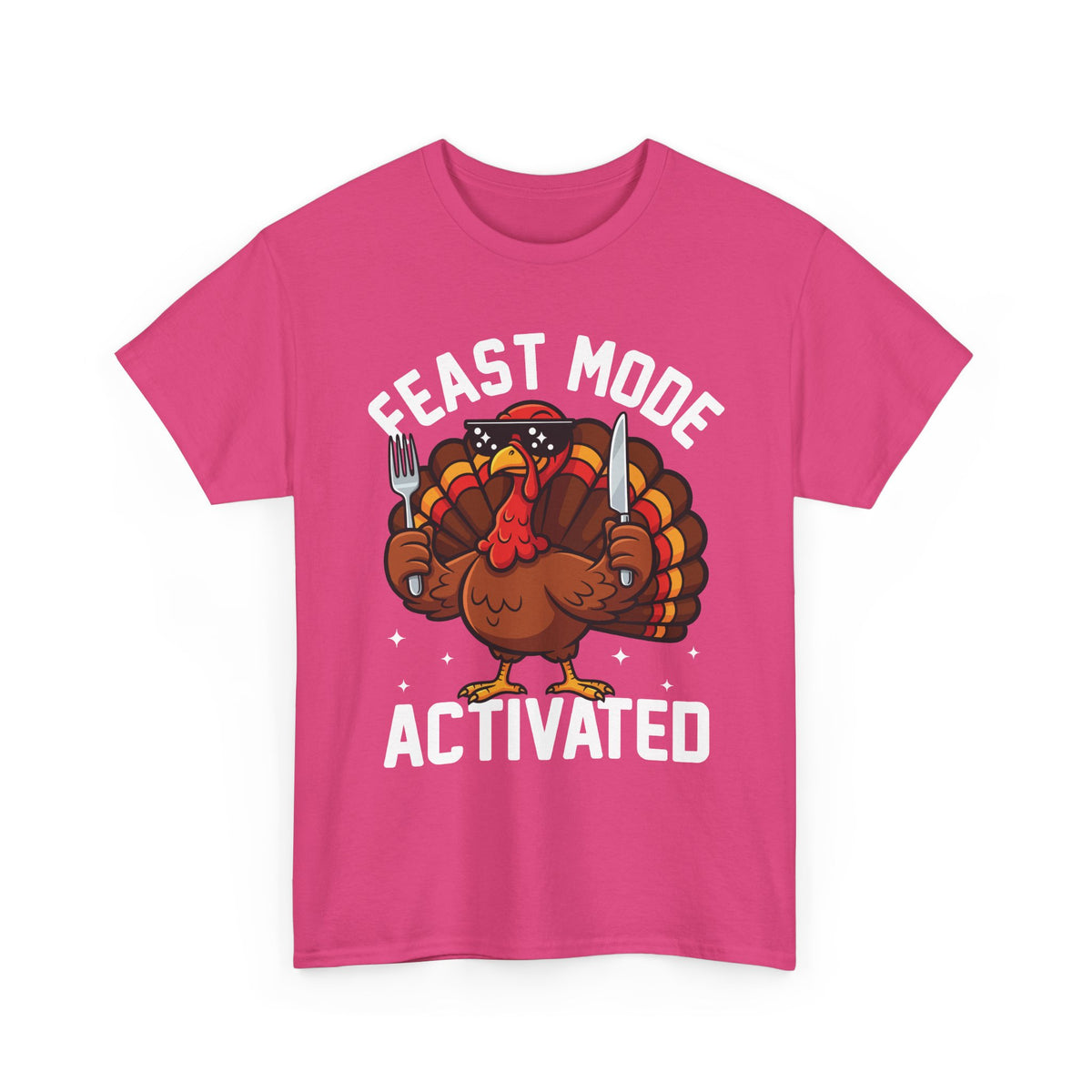 Heliconia Feast Mode Activated t-shirt with a hungry cartoon turkey holding a fork and knife, front view