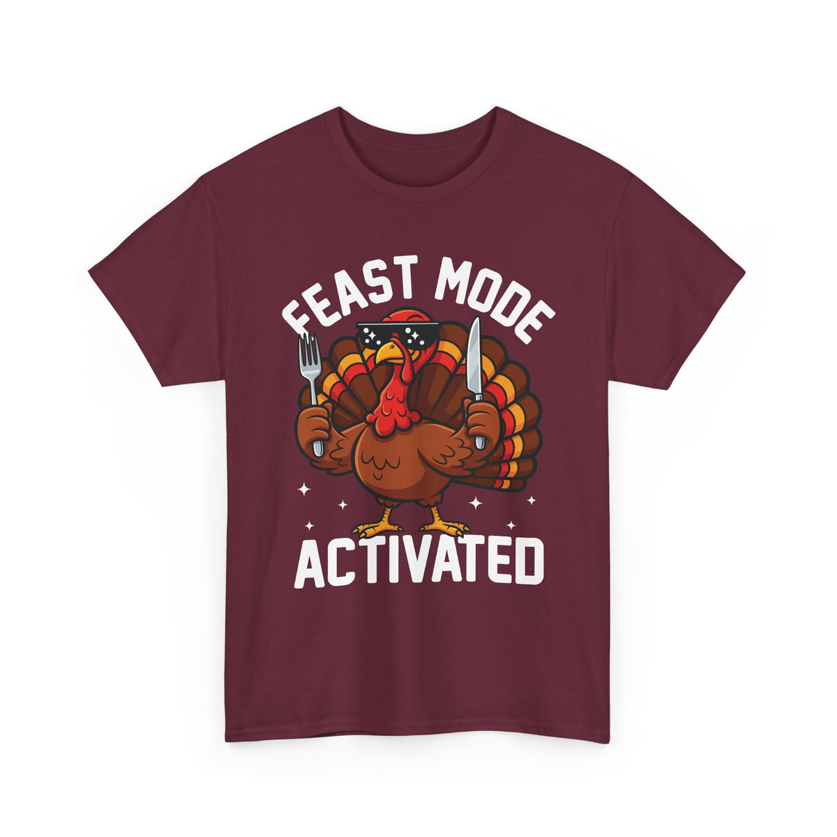 Maroon Feast Mode Activated t-shirt with a hungry cartoon turkey holding a fork and knife, front view