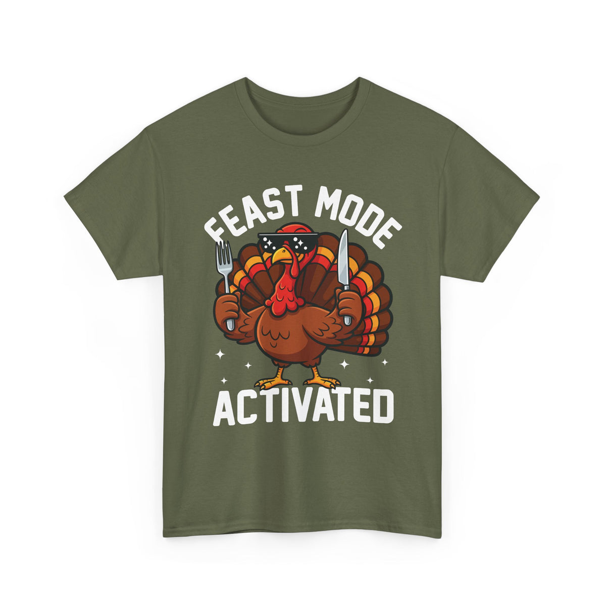 Military Green Feast Mode Activated t-shirt with a hungry cartoon turkey holding a fork and knife, front view
