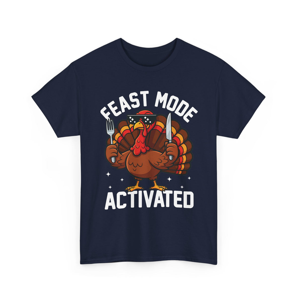 Navy Feast Mode Activated t-shirt with a hungry cartoon turkey holding a fork and knife, front view