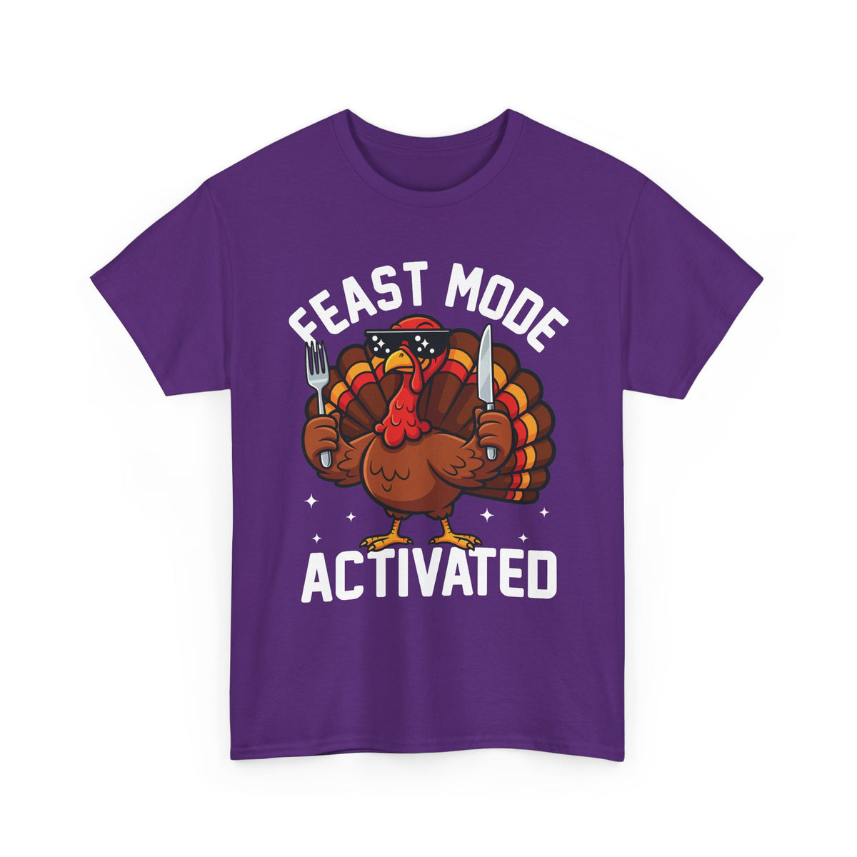 Purple Feast Mode Activated t-shirt with a hungry cartoon turkey holding a fork and knife, front view