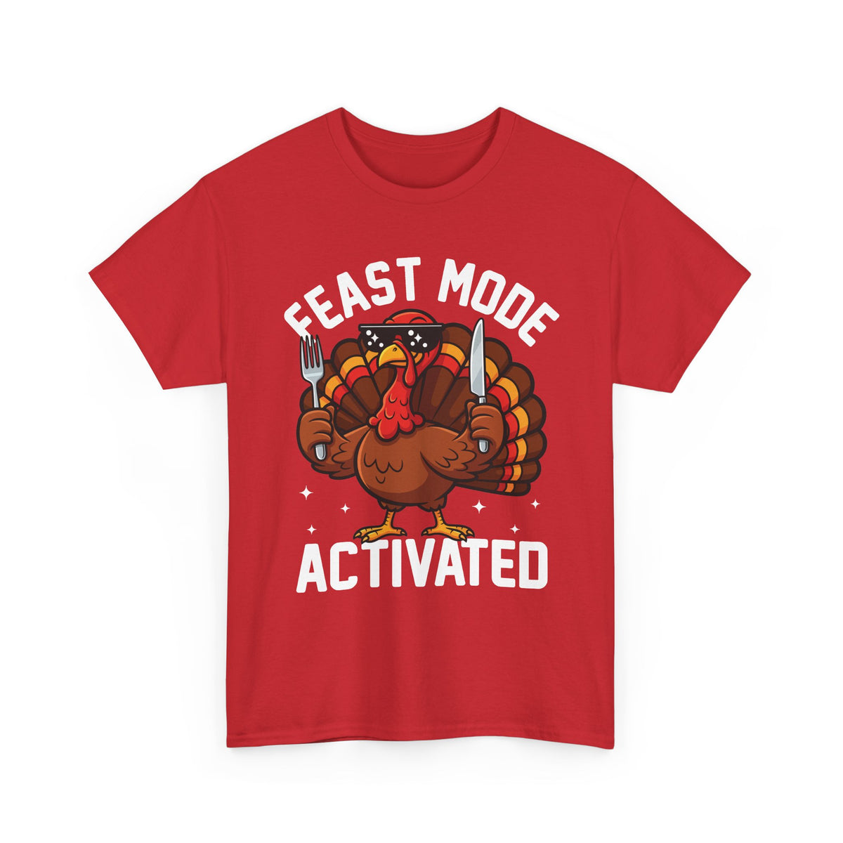 Red Feast Mode Activated t-shirt with a hungry cartoon turkey holding a fork and knife, front view