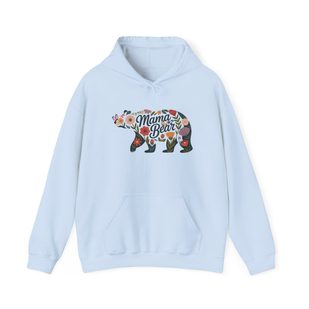 Light Blue Floral Mama Bear hoodie with wildflower bear print, front view