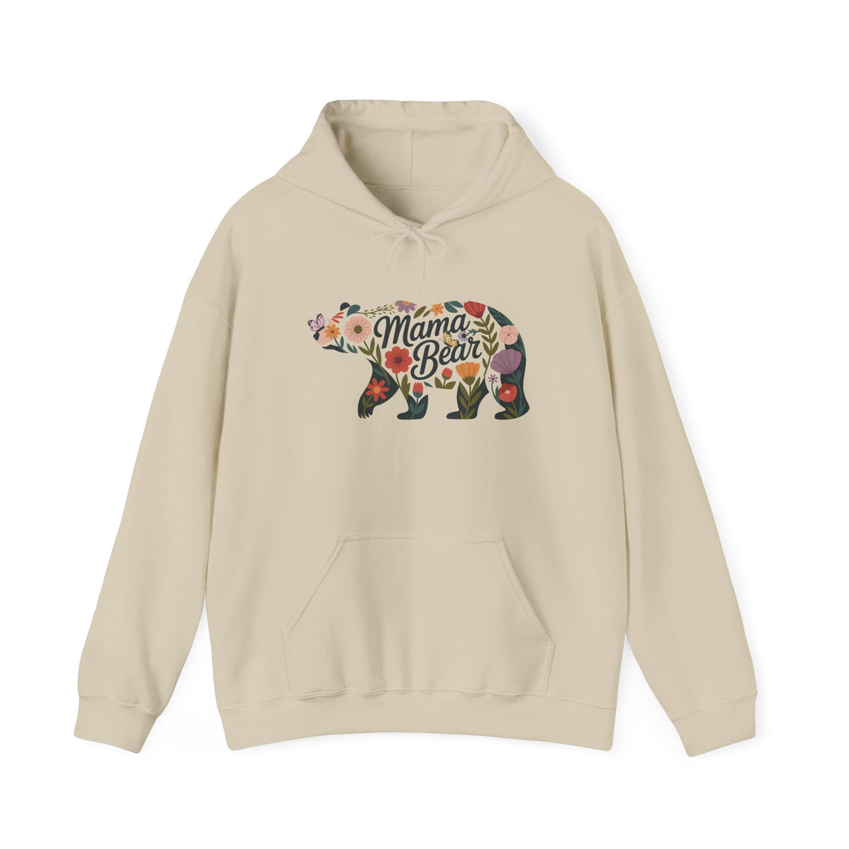 Sand Floral Mama Bear hoodie with wildflower bear print, front view