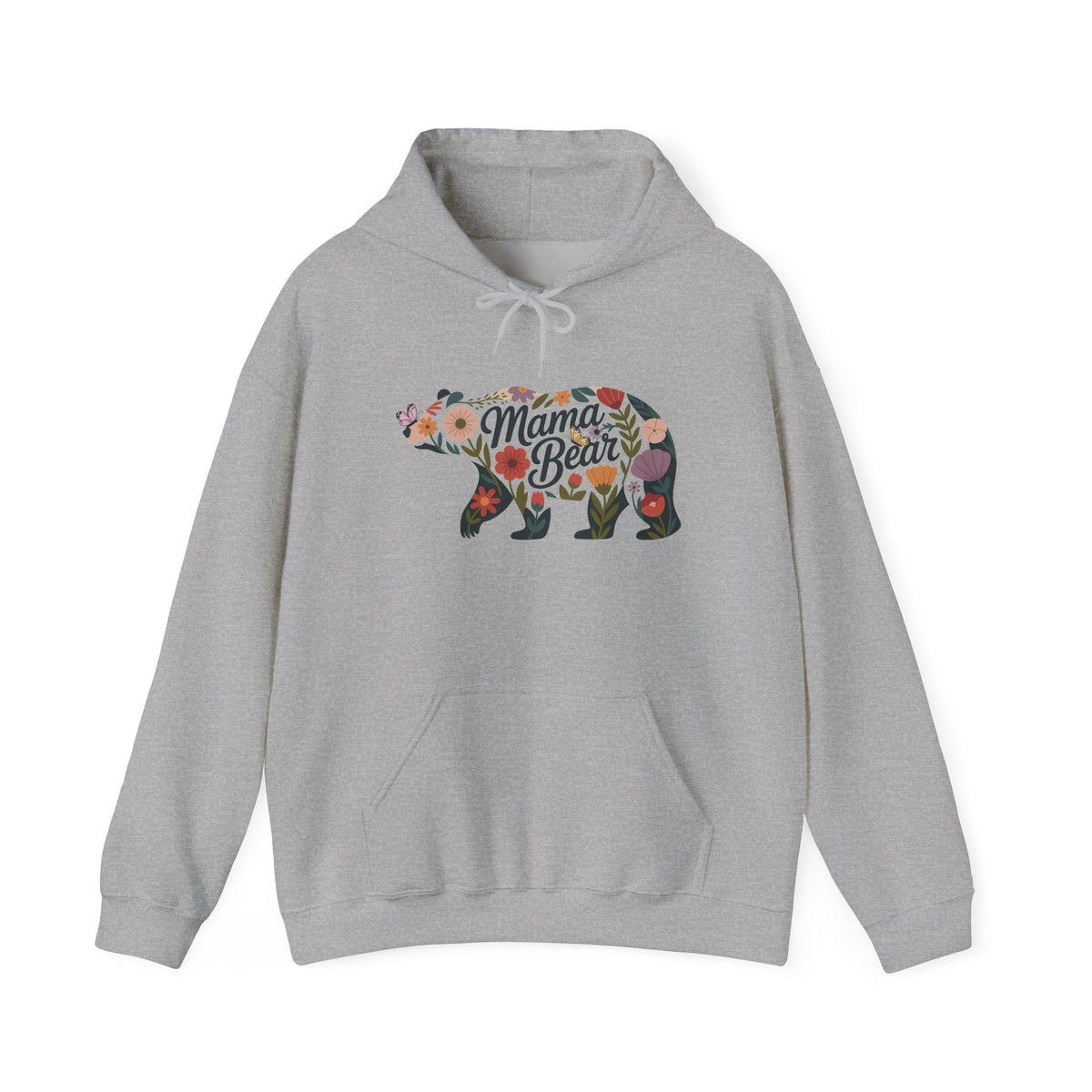Sport Grey Floral Mama Bear hoodie with wildflower bear print, front view