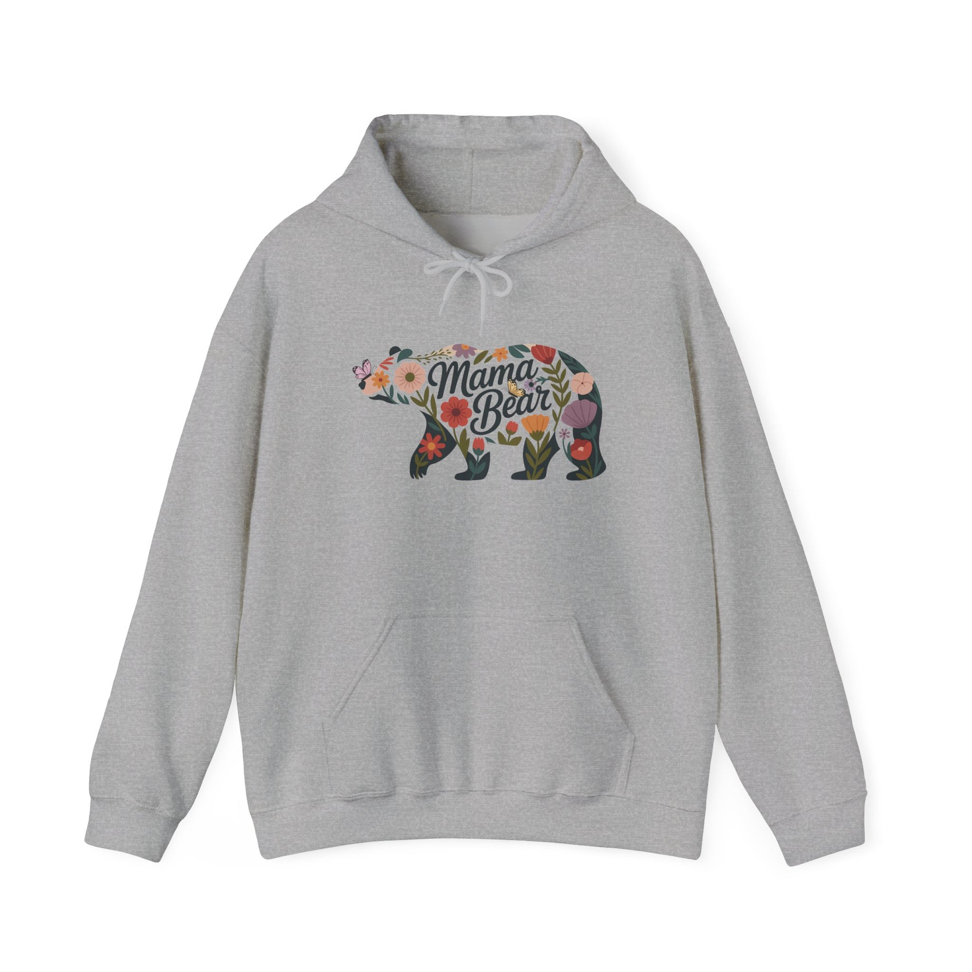Sport Grey Floral Mama Bear hoodie with wildflower bear print, front view