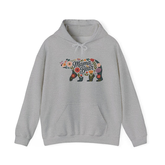 Sport Grey Floral Mama Bear hoodie with wildflower bear print, front view