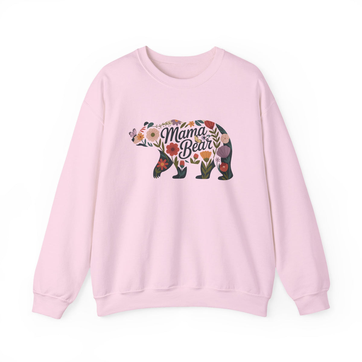 Light Pink Floral Mama Bear sweatshirt with wildflower bear print, front view
