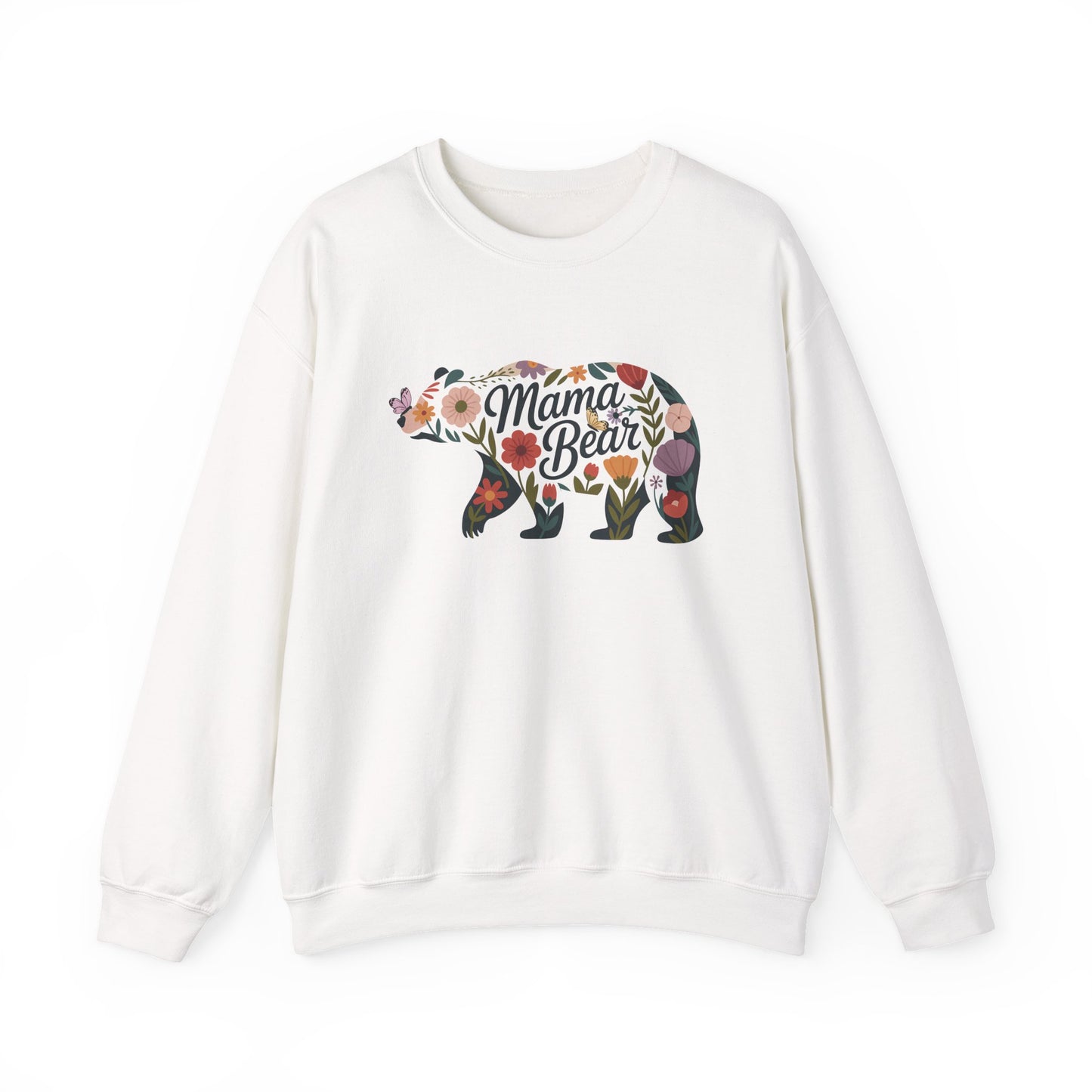 White Floral Mama Bear sweatshirt with wildflower bear print, front view