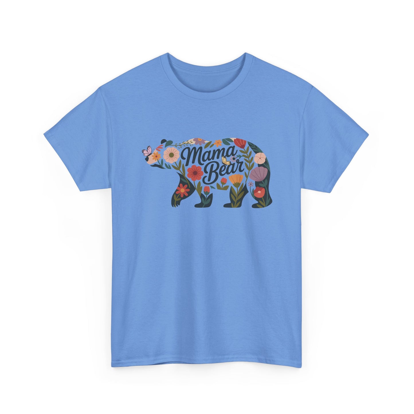 Carolina Blue Floral Mama Bear t-shirt with wildflower bear print, front view