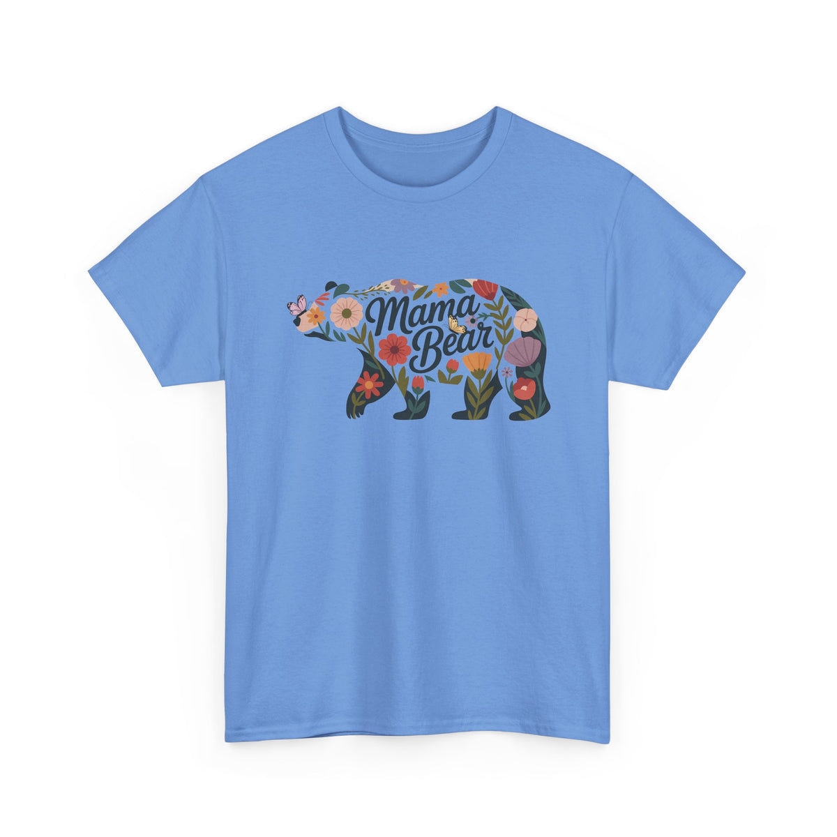 Carolina Blue Floral Mama Bear t-shirt with wildflower bear print, front view