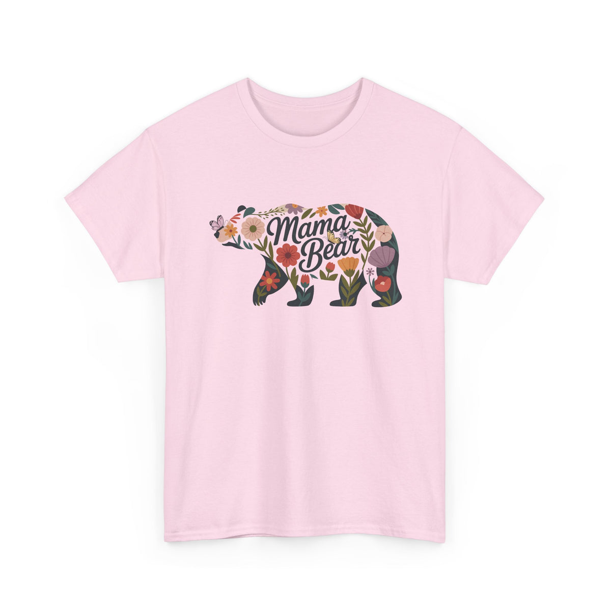 Light Pink Floral Mama Bear t-shirt with wildflower bear print, front view