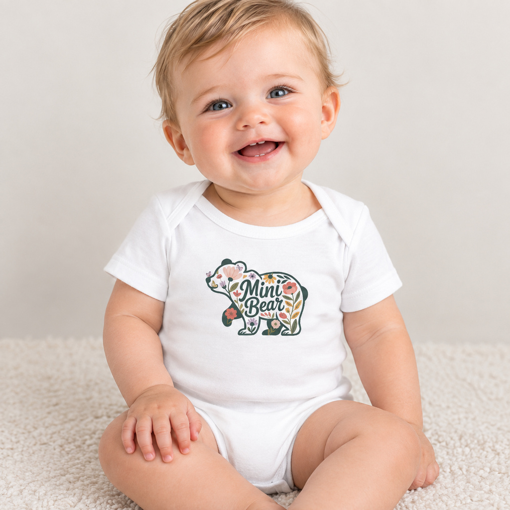 Baby wearing the Floral Mini Bear baby bodysuit
