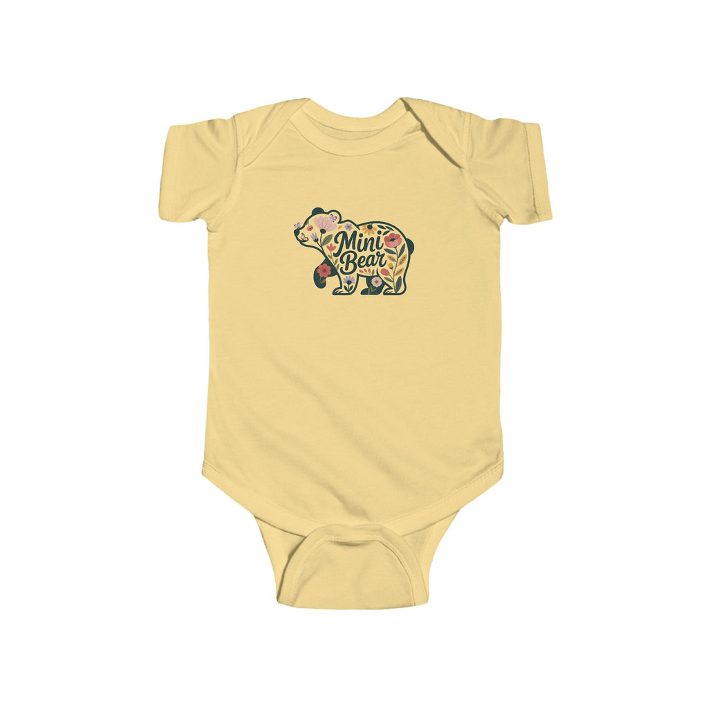 Butter Floral Mini Bear baby bodysuit with wildflower bear print, front view