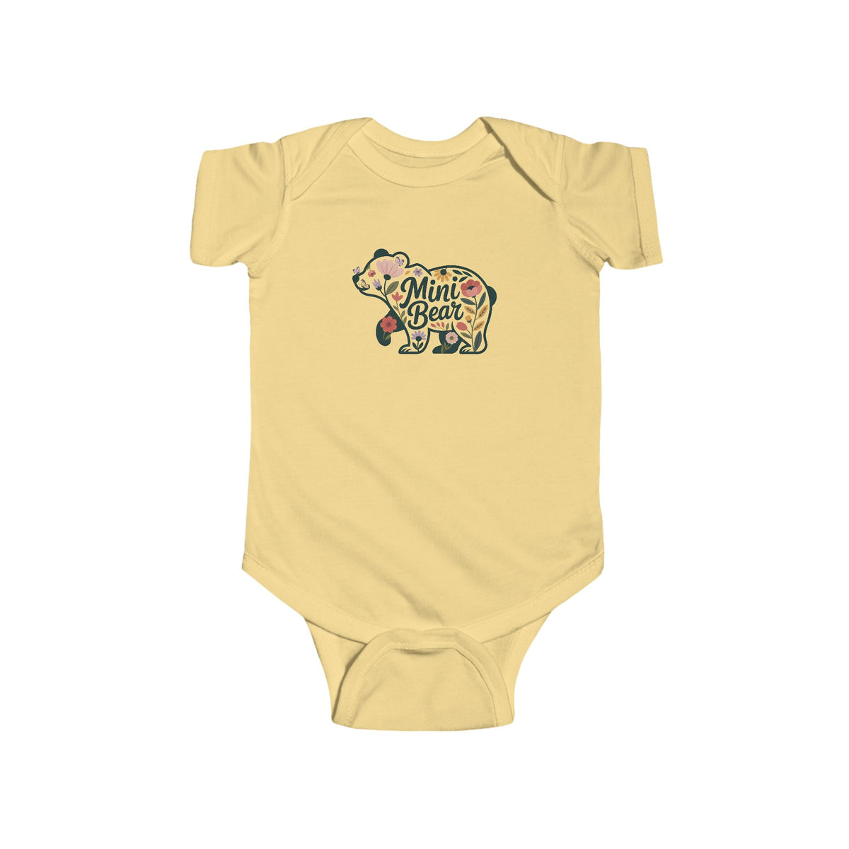 Butter Floral Mini Bear baby bodysuit with wildflower bear print, front view