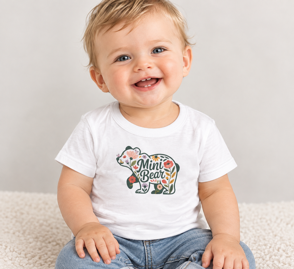 Baby wearing the Floral Mini Bear baby t-shirt