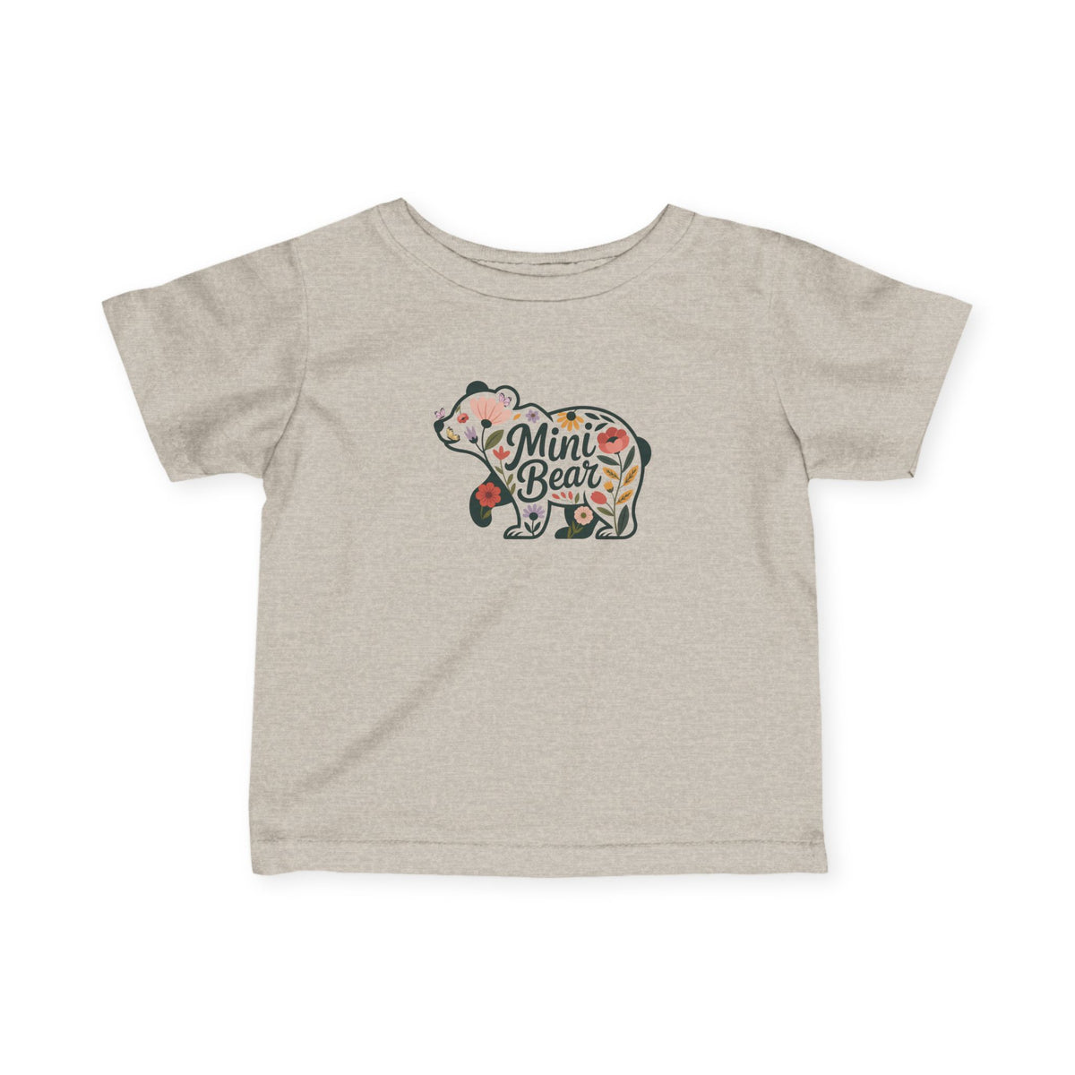 Natural Heather Floral Mini Bear baby t-shirt with wildflower bear print, front view