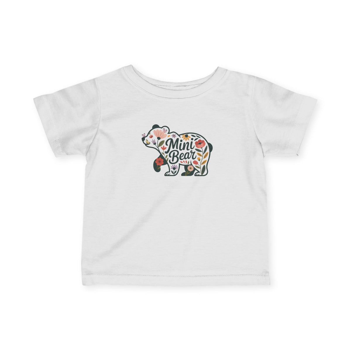 White Floral Mini Bear baby t-shirt with wildflower bear print, front view