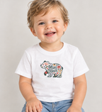 Toddler wearing the White Floral Mini Bear Toddler T-Shirt with jeans