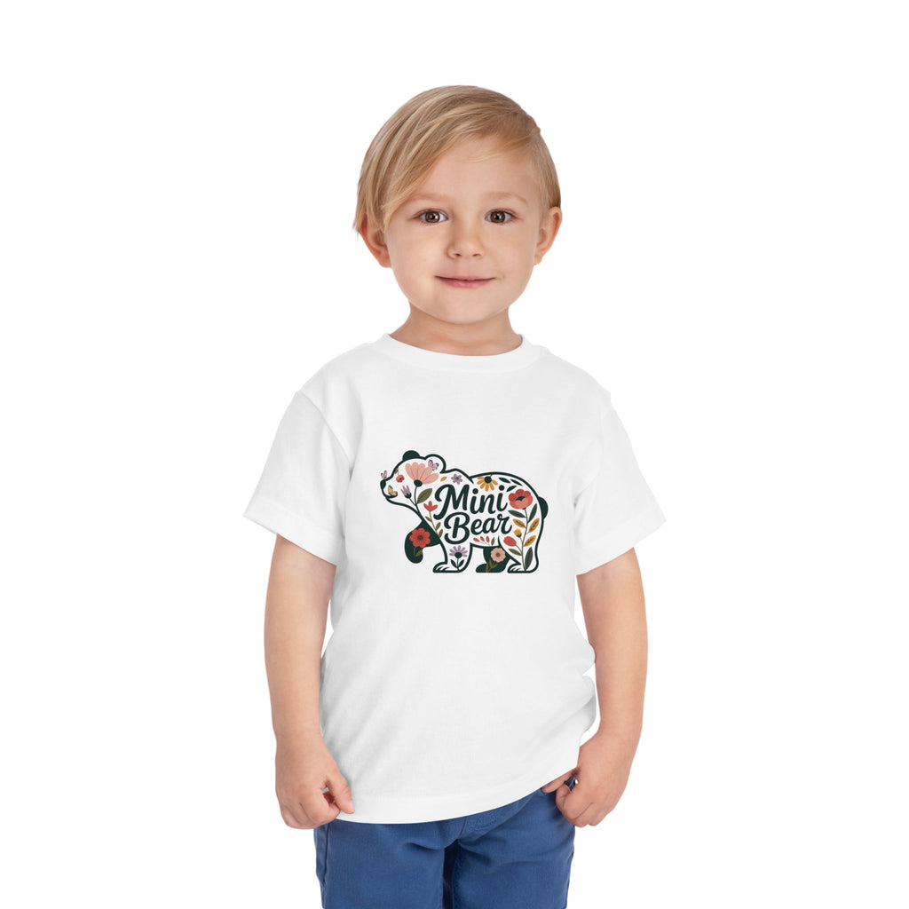 Toddler wearing the white Floral Mini Bear Toddler T-Shirt