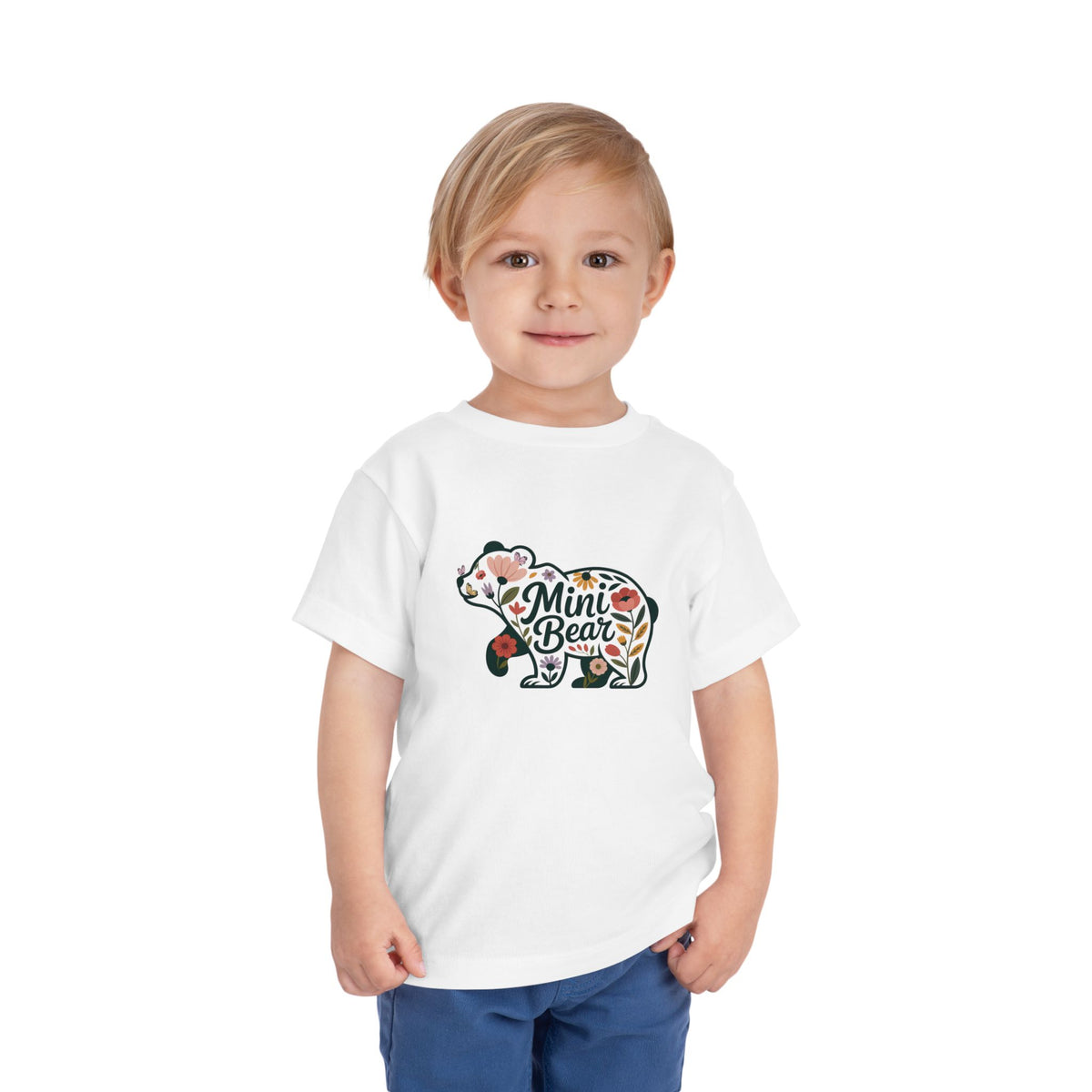 Toddler wearing the white Floral Mini Bear Toddler T-Shirt