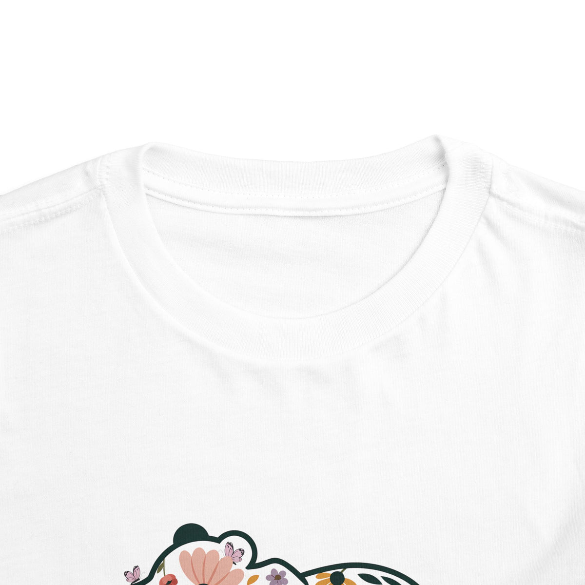 Floral Mini Bear toddler t-shirt with wildflower bear print, front collar close-up