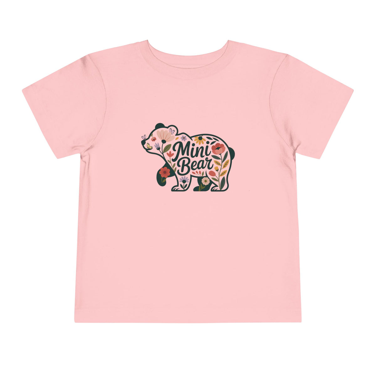 Pink Floral Mini Bear toddler t-shirt with wildflower bear print, front view